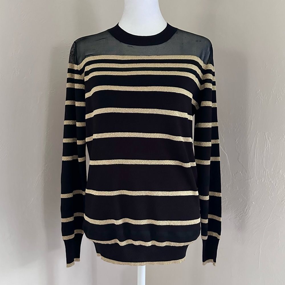 3.1 Phillip Lim Black and Gold Metallic Striped Sweater w/ Sheer Panel XS